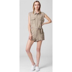 BlankNYC Trooper Linen Blend Belted Utilitarian Romper Tan Medium